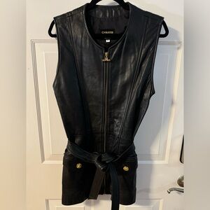 CHAARM Black Leather Women's Belted Zip Up Gold Button Vest Made in USA Luxury